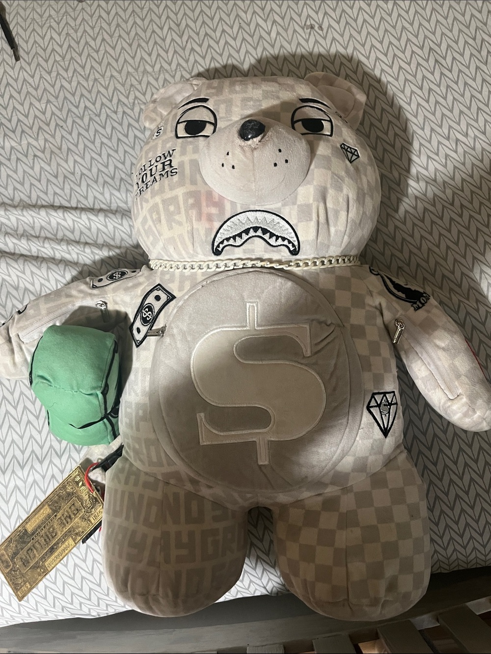 Sprayground Beige Plush Bear Pillow with Green Paw Accessory